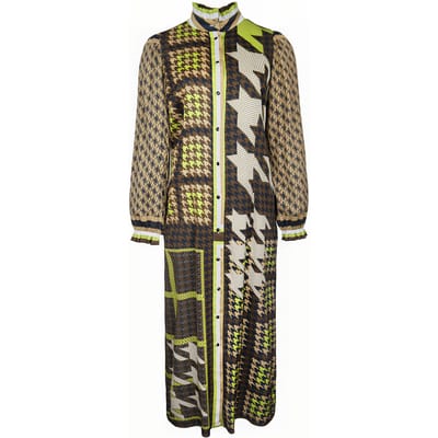 Mucho Gusto Dress Mainz Brown Lime Pied De Poule Maat: XS | Blousejurken Outlet | Dames | Bruin