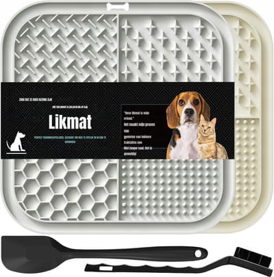 Aura® Likmat Hond - Slowfeeder Hond Met Verschillende Texturen - Voerbak voor Training - Set van 2 met Accessiores - Grijs - 23cm x 21cm x 2cm