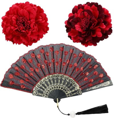 2 rode pioenrozetten haarspelden en 1 waaier, kunstmatige bloemen, flamenco-stijl, grote haarspelden voor dik en fijn haar, tropische strandhaarspelden voor dames