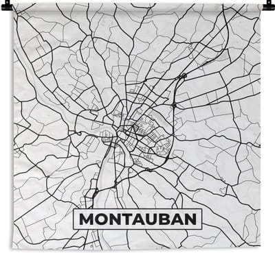 Wandkleed - Wanddoek - Frankrijk - Kaart - Montauban - Plattegrond - Stadskaart - Zwart wit - 180x180 cm - Wandtapijt