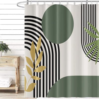 Douchegordijn, groen, abstract, zwarte lijnen, geometrisch patroon, modern, minimalistisch, schimmelwerend, waterdicht, polyester stof, badgordijn met 12 haken, 180 x 180 cm