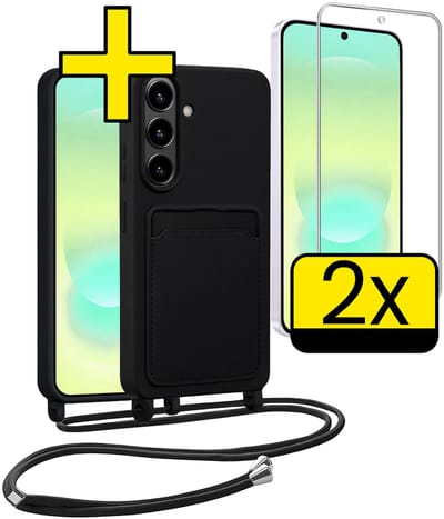 Hoesje Geschikt voor Samsung A37 Hoesje Met Koord Met 2x Screenprotector Siliconen Case - Hoes Geschikt voor Samsung Galaxy A37 Backcover Met Afneembaar Koord - Zwart