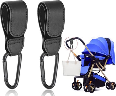 Kinderwagen tassenhaakjes - Tassenhaken - Leer - Haakjes voor tassen - Set van 2 - Leather - Extra stevig - Haakjes voor tassen - Buggy haakjes - Kinderwagen- & Buggy accessoires - Extra Stevig - Tassen - Zwart - 2 stuks - Onderweg