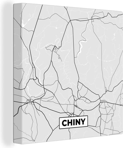 Canvas Schilderij België – Chiny – Stadskaart – Kaart – Zwart Wit – Plattegrond - 20x20 cm - Wanddecoratie