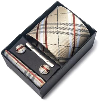 Actie4you® - Luxe Stropdas - Stropdas Set met Manchetknopen en Pochet en Dasspeld – Met Geschenkdoos – 4 Delig – Stropdas Set – Beige Gestreept