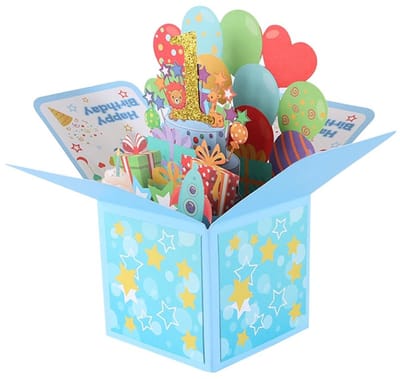MTTproducts- Verjaardagskaart 3D pop-up - Eerste Verjaardag - Met Envelop - Schattige Ballonnen - 23x17,9 cm - Geschikt voor Jongens/Meisjes - Wenskaart