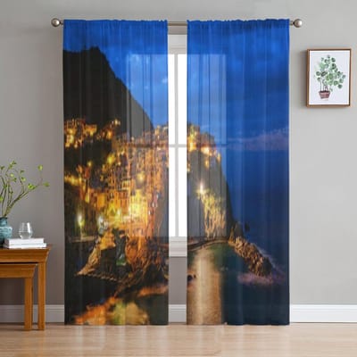 Stadsgezicht Lichten Tule Transparante Gordijnen voor Woonkamer Decoratie Gordijn voor de Kamer Slaapkamer Keuken Voile Organza Gordijnen 135W x 114H(cm)