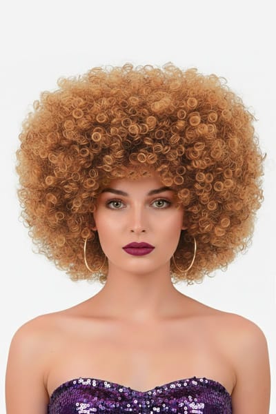 KIMU® Pruik Afro Lichtbruin Disco - met Gratis 2x Haarnetje - Bruin Afrokapsel Seventies Bruine Seventies Krullen Festival