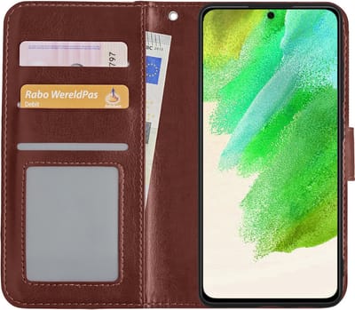 Hoes - Met Pasjeshouder - Geschikt voor Samsung Galaxy S21 FE - Luxe Bookcase Portemonee - Flip Case - Kunstleer Book Case - Flipcase - Book Cover - Walletcase - PortemonneeHoes - Bruin