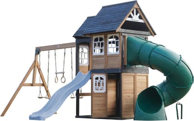 AXI Noud Speeltoestel met Speelhuis, Schommels, Trapeze, Klimwand – Met Bank – Pastel Blauwe Glijbaan – Met Buisglijbaan - FSC 100% hout – Speeltoestel voor de tuin / buiten