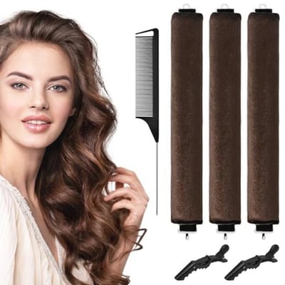 WuGU 3Pcs Heat Free Hair Curlers, Flexible Night Curls with Hook and 2 Clips, DIY Curlers for Short, Long or Curly Hair (Brown)