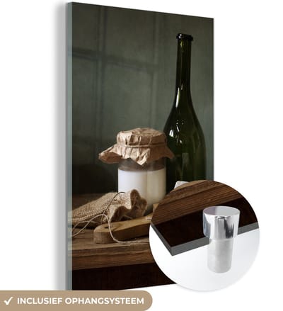 MuchoWow® Glasschilderij 120x180 cm - Schilderij acrylglas - Rustiek - Brie - Stilleven - Fles - Brood - Foto op glas - Schilderijen