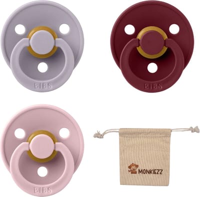 Bibs fopspeen - maat 1 0-6 maanden - 3 stuks – Fossil Grey - Elderberry - Pink Plum + Monkiezz speenzakje