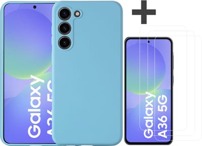 Hoesje geschikt voor Samsung Galaxy A36 hoesje zacht siliconen met 3 Stuks gehard glas Screenprotectors- Arara backcover - Blauw