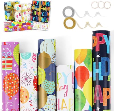 Cadeaupapier Set Verjaardag - 6 Rollen Kraftpapier met Linten en Plakband