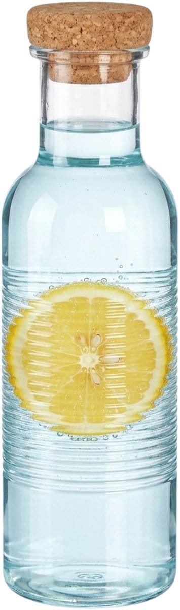 Pasabahce Waterfles met kurken dop -1070 ml - ribbel glas - D8 x H29 cm - Glazen drink flessen