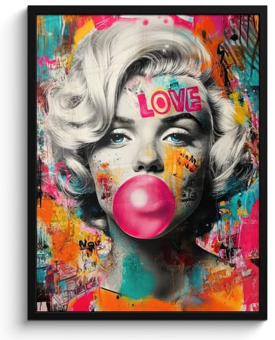 Poster in lijst - Fotolijst 60x80 cm - Posters - Vrouw - Kauwgom - Graffiti - Neonkleuren - Posterlijst zwart - Decoratie - Wanddecoratie woonkamer - Muurdecoratie slaapkamer