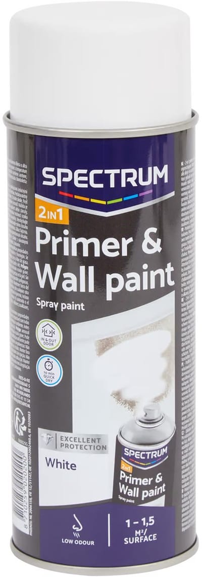 Spectrum - 2 in 1  Spuitbus - spuitverf - primer en muurverf all-in-one - wit - 400 ml