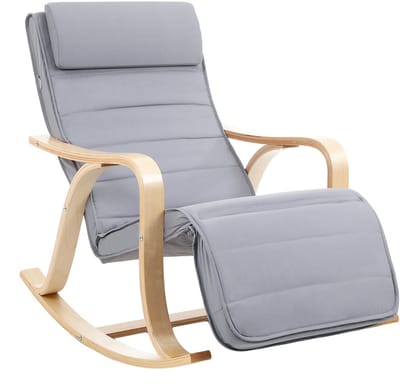 SONGMICS - Relaxfauteuil - Schommelstoel van Berkenhout - 5-voudig Verstelbare Voetsteun - Max. 150 kg Belastbaar