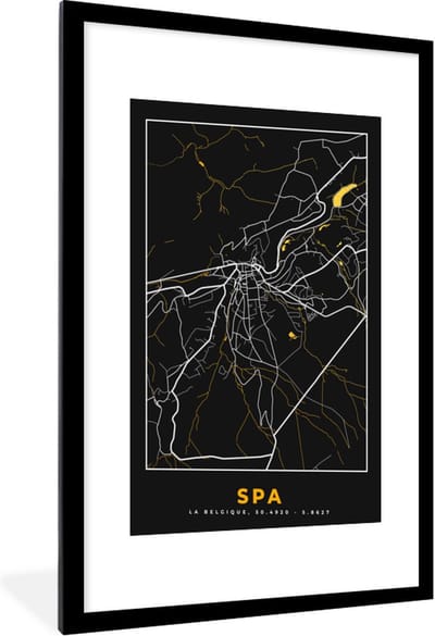 Fotolijst incl. Poster - Spa - Kaart - Stadskaart - Goud - Plattegrond - 60x90 cm - Posterlijst