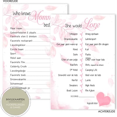 20 Babyshower Invulkaarten – Wie Kent Mama? – 20 Stuks – Babyshower Spel & Babyvoorspellingen – Roze