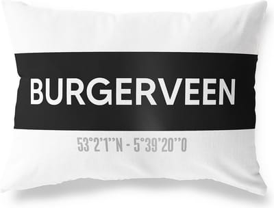 Tuinkussen BURGERVEEN - NOORD-HOLLAND met coördinaten - Buitenkussen - Bootkussen - Weerbestendig - Jouw Plaats - Studio216 - Modern - Zwart-Wit - 50x30cm