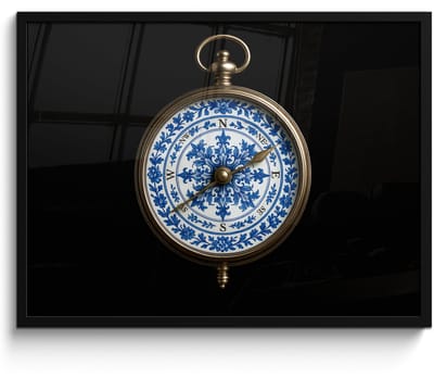 Poster in lijst - Fotolijst 70x50 cm - Posters - Kompas - Delfts blauw - Zwart - Posterlijst zwart - Decoratie - Wanddecoratie woonkamer - Muurdecoratie slaapkamer