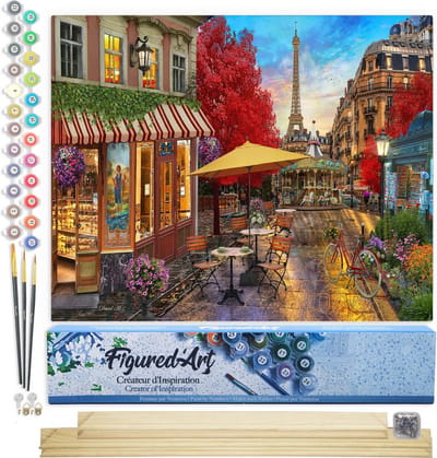 Figured'Art Schilderen op Nummer Volwassenen canvas Romantisch uitzicht in Parijs - Handwerk acrylverf Kit DIY Compleet - 40x50cm met DIY houten lijst