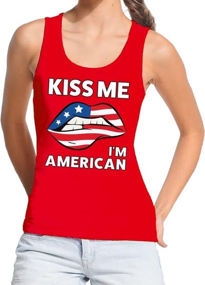 Kiss me I am American tanktop / mouwloos shirt rood dames - feest shirts dames - USA kleding S