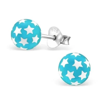 Aramat Jewels | Oorbellen | 925 Sterling Zilveren Bolletjes Oorknopjes Blauw met Witte Sterretjes 6mm | | | |6mm | Zilver | Kinderen, Volwassenen | Verkleurd niet