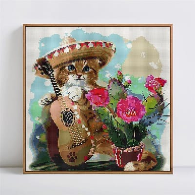 Peinture diamant Animal, point de croix, chat jouant de la guitare, strass ronds complets, broderie diamant 30x30CM