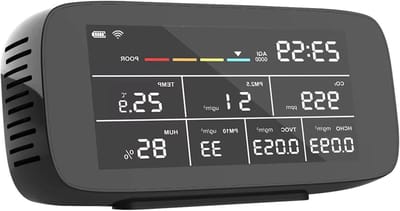 Luchtkwaliteit Detector - Gasmeter Sensor - Binnenlucht Meten - 9 Functies LCD - 188 x 42 x 88 mm - Zwart