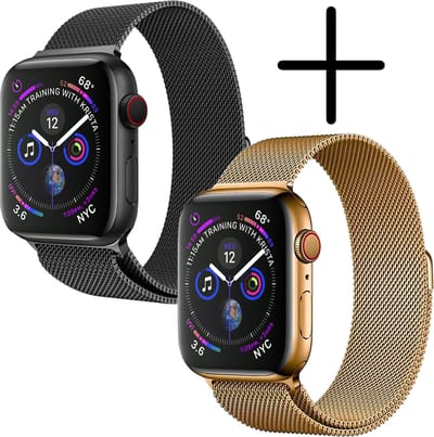 Milanees Bandje Geschikt voor Apple Watch 7 45 mm Milanees Bandje - Band Geschikt voor Apple Watch 7 45 mm Met Magneetsluiting - Zwart & Goud