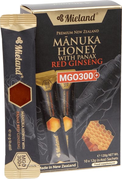 Manuka Honing MGO 300+ met Rode Panax Ginseng, 120 gram- individuele Zakjes 10x12 g – Energie & Vitaliteit