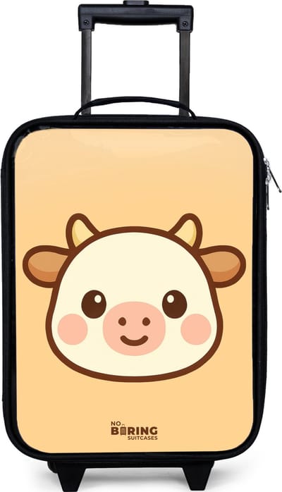 NoBoringSuitcases.com® - Kinderkoffer jongen - Kindertrolley meisje - Kawai - Koe - Bruin - Koffer kind lichtgewicht - Reiskoffer trolley voor kinderen - Koffertje met lichtgevende wieltjes - Rolkoffer zwart