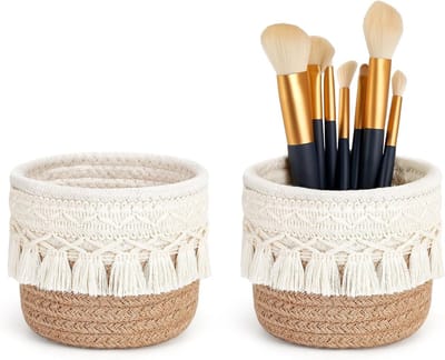 Set van 2 Make-up Borstelhouders, Organiser met Boho Decoratie, Mini Opbergmanden voor Pennen en Potloden, 10 x 10 cm, Geel en Wit