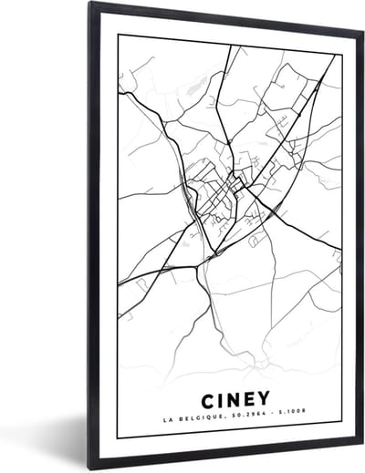 Fotolijst incl. Poster Zwart Wit- Stadskaart – Plattegrond – België – Zwart Wit – Ciney – Kaart - 40x60 cm - Posterlijst