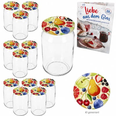 12-delige set ronde glazen 720 ml TO 82 Comic Fruit deksels incl. Diamant Gelierzauber receptenboekje