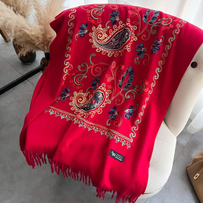 Winter Warme Kasjmier Sjaal Voor Vrouwen Paisley Borduurwerk Pashmina Deken Dikke Sjaal Wikkel Neckerchief Elegante Poncho Bufanda 75X200cm red