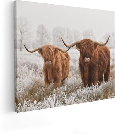 Artaza Canvas Schilderij Schotse Hooglander - 100x80 cm - Groot - Wanddecoratie Winter - Muurdecoratie Natuur - Canvas Schilderijen Woonkamer