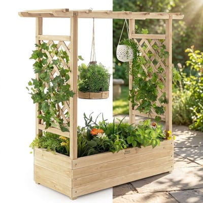 Plantenbak met klimrek - Bloembak - Weerbestendig - Met trellis - Buiten - Hout - Plantenrek - Rechthoekig - Natuurlijk Hout