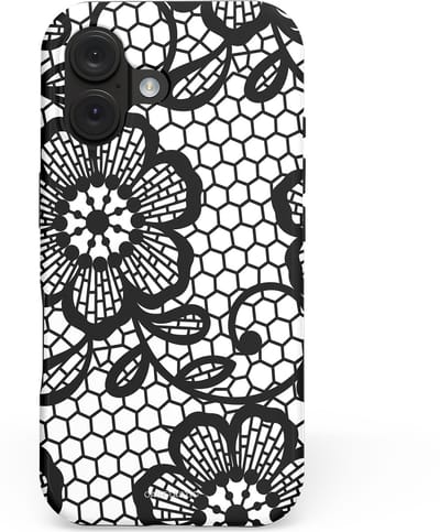 Casetastic hoesje geschikt voor Apple iPhone 16 - MagSafe - Dubbellaagse bescherming - Zwart Bloemenpatroon - Fashion Case - Grijs Zwart Wit