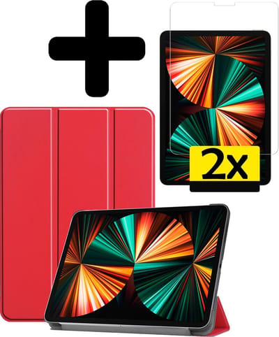 Hoes - Geschikt voor Apple iPad Pro (2021) - 11 inch - 3e generatie - Met Screenprotector - Trifold Bookcase - Hard Cover - Hardcover Book Case - Tablet Hoesje - Rood