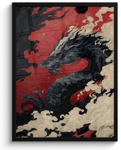Poster in lijst - Fotolijst 60x80 cm - Posters - Zwarte draak - Rookwolken - Rood - Posterlijst zwart - Decoratie - Wanddecoratie woonkamer - Muurdecoratie slaapkamer