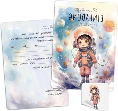 Verjaardagsuitnodigingen voor Kinderen met Envelop, 10 Stuks, Ruimtevaart Thema, Astronauten, Feestuitnodigingen voor Jongens en Meisjes