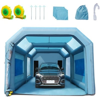 VEVOR Draagbare opblaasbare verftent 7,3 x 3,8 x 2,8 m, DIY spuitverf 750 + 960 W, spuitbeschermingscabine voor doe-het-zelfprojecten, hobbyverfmachine, blauwe 210D Oxford stoffen verfcabine