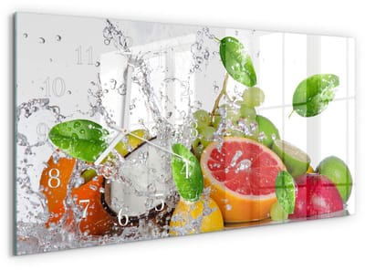 Tulup Wandklok - Fruit op het water Moderne Glazen Wandklok - 60x30 cm - Groente Wandklok Glas Met Motief - Witte Handen - Rechthoekige Wandklok - Decoratieve Glazen Klok - Glazen Wandklok Design