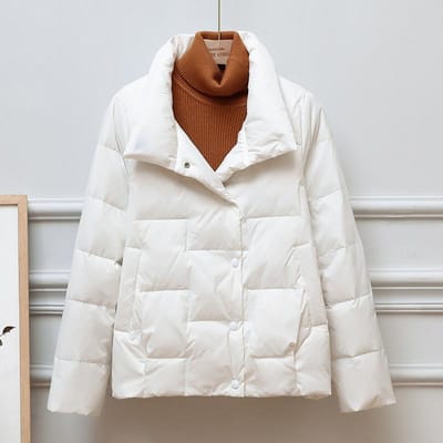 Veste doudoune légère pour femme Automne et Hiver Doudoune courte légère Garniture en duvet de canard blanc Col simple Veste couleur unie S beige