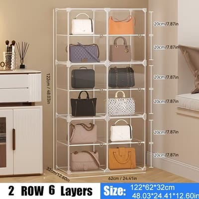 Tassenkast 2 Rij 6 Lagen Transparant Opbergrek voor Handtassen, Rugzakken en Hoeden - 122x62x32 cm