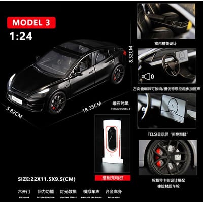 1:24 Modèle 3 Berline Électrique Premium Modèle Réduit en Alliage Moulé sous Pression Voiture de Collection Ornement de Bureau Cadeau de Fête Cadeau Pour Ami black